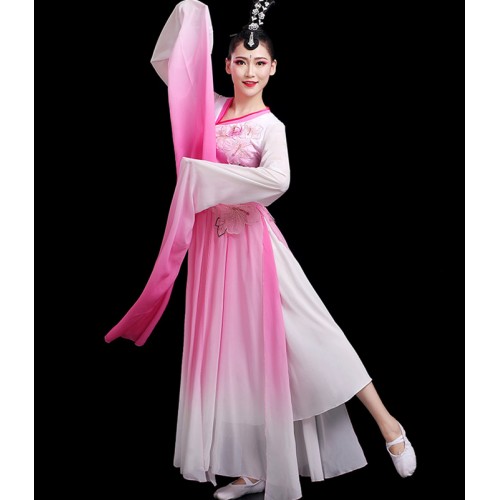 Women chinese folk dance dress hanfu performance pink gradient fairy dresses Female Chinese style Jinghong Dance Waterfall sleeves Classical Dance costumes